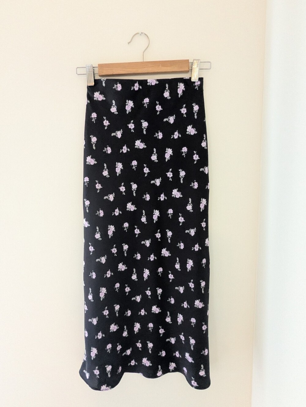 Vintage Mi Ami Floral Black Satin Midi Slip Skirt
